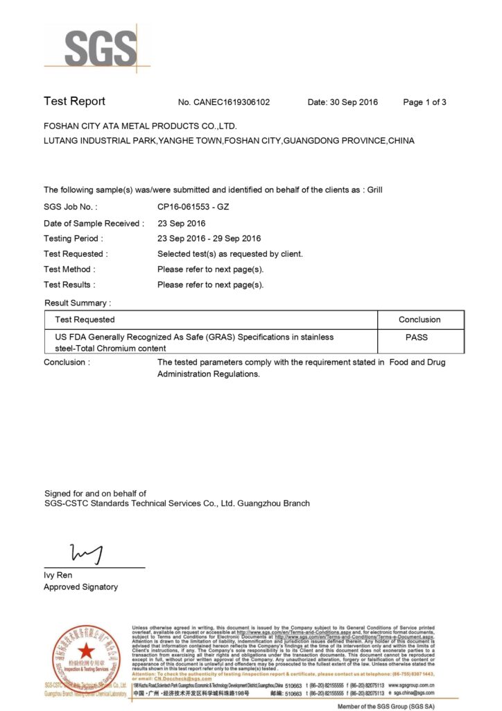 Quality Assurance for OEM Metal Products - Foshan ATA METAL wire products SGS report 1 Page 1